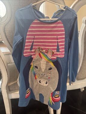 Mini Boden Blue Long-Sleeve dress with Rainbow-Haired Horse Applique